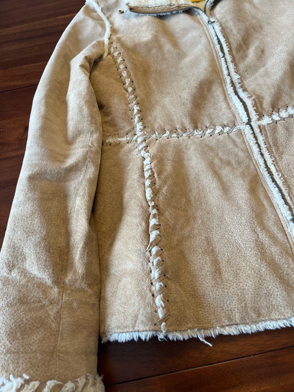 Vintage Y2K leather Sherpa Jacket Shearling Style Coat Aviator Beige Warm - Picture 15 of 16